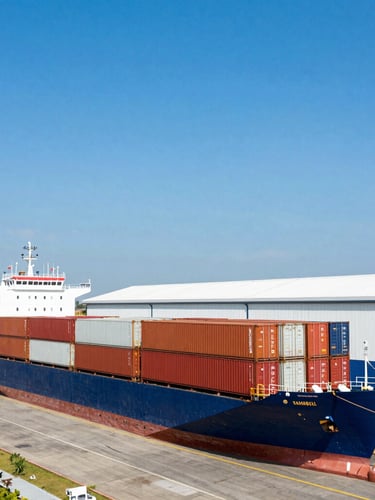 Crisp corporate photography of a modern logistics hub and shipping lanes in Cameroon, bright daylight, 35mm