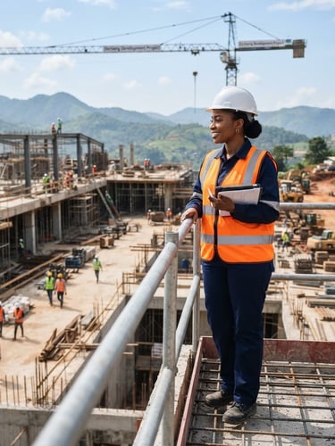 A professional Cameroonian female engineer in a safety helmet and high-visibility vest looking over a modern construction site in Dschang, bright natural daylight, crisp corporate photography, 35mm