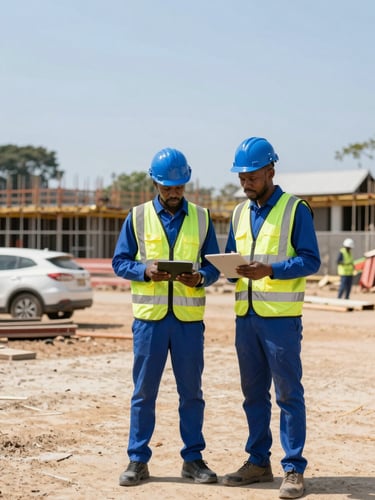 Medium shot of a professional Cameroonian engineer in safety gear supervising an active construction site in Dschang, bright daylight, editorial 35mm