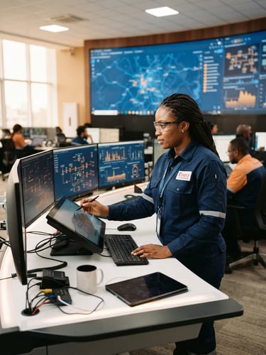Crisp corporate photography of a professional Cameroonian engineer in a modern control room, high contrast, warm orange accents, editorial 35mm