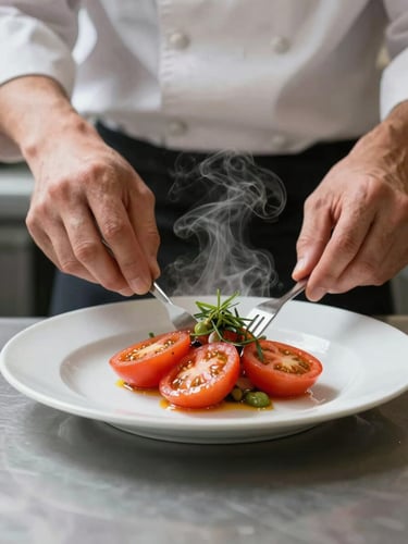 Close-up of a chef in active motion, hands plating a vibrant dish with sliced heirloom tomatoes, steam rising gently, soft diffused daylight.