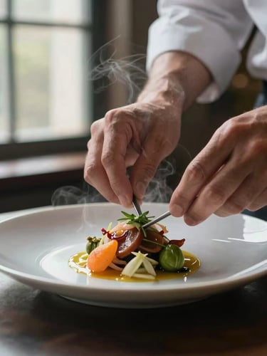 Close-up macro shot of a chef's hands carefully plating a vibrant dish, steam rising softly, natural north-facing window daylight, moody shadows