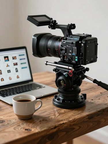 Candid behind-the-scenes shot of a camera rig positioned over a rustic wooden table, a laptop displaying a social grid next to a ceramic coffee cup, soft diffused natural daylight, moody but clean shadows.