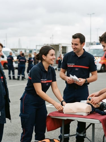 Medium shot of Croix Blanche de Loon-Plage volunteers in navy uniforms, smiling and collaborating during a training exercise, natural overcast daylight, sharp focus, 35mm lens.
