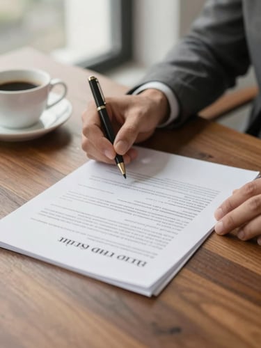 Close-up of hands reviewing legal documents on a wooden desk, a cup of coffee nearby, warm corporate photography, diffused natural office light, rich brown and neutral tones, 50mm lens. Focus on the hands and documents.