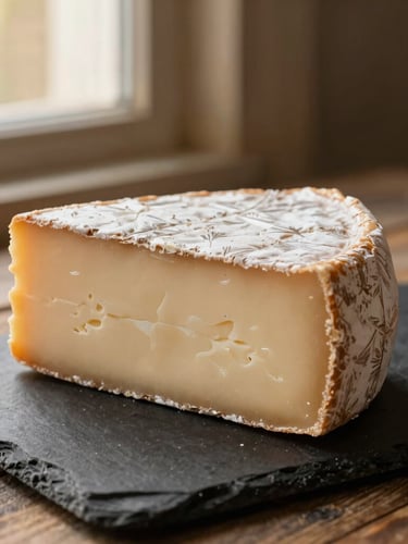 A single wheel of aged Beaufort cheese resting on a dark slate board, rustic wooden background, soft side light from a window