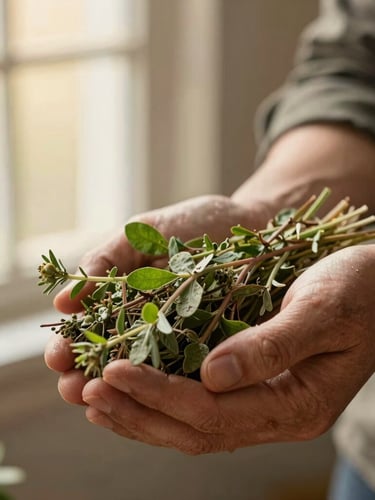 Close-up of weathered hands holding freshly foraged wild mountain herbs, soft morning light, shallow depth of field