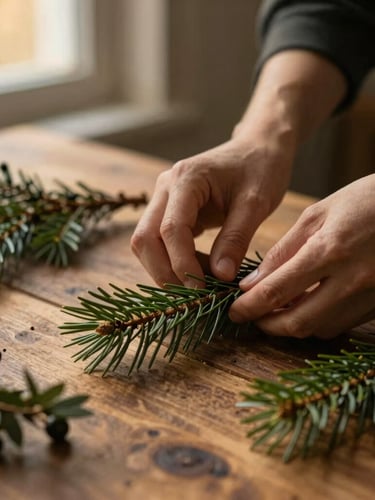 Hands carefully arranging fresh green pine needles and wild juniper berries on a rustic wooden table, soft side light, warm moody atmosphere