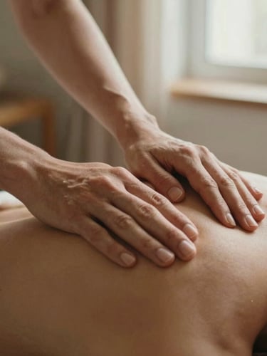 Warm editorial close-up of hands applying gentle massage pressure on a shoulder, soft-focus home background, warm afternoon light.