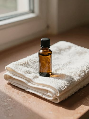 A serene close-up of folded organic cotton towels beside a small amber bottle of botanical oil, warm afternoon window light casting soft shadows on a terracotta surface.
