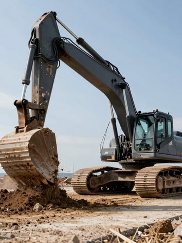 Low-angle action shot of a heavy dark excavator lifting soil on a coastal construction site in Mecklenburg-Vorpommern, sharp daylight, raw textures of concrete and dirt, clean work site.
