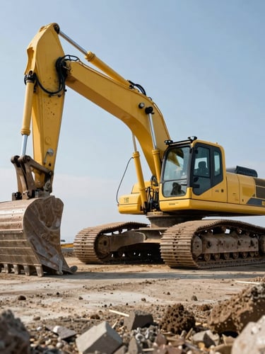 Low-angle dramatic shot of a heavy yellow excavator working on a coastal construction site in Lubmin, high contrast daylight, raw concrete and soil textures
