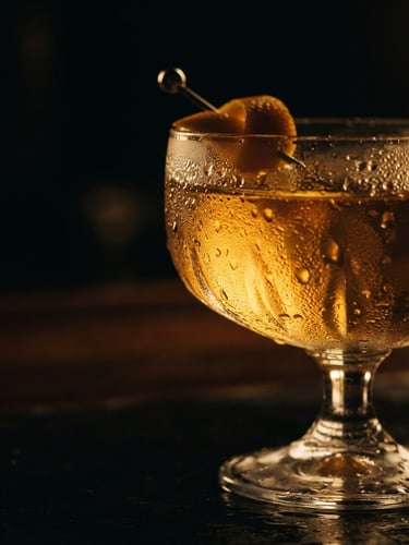 Dramatic close-up of a condensation-rimmed cocktail glass with golden liquid and a subtle garnish, dramatic low-key golden light, deep shadows, rich warm tones, shallow depth of field, 50mm lens