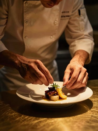 Portrait shot of a chef meticulously plating a dish in a gold-lit kitchen, dramatic low-key golden light, deep shadows, rich warm tones, shallow depth of field, 50mm lens