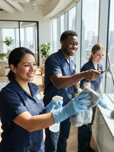 Professional cleaning crew in branded navy uniforms, smiling confidently, in a modern, sunlit interior, sharp focus on their hands holding cleaning tools, crisp architectural photography, bright natural daylight, clean high-contrast tones, sharp focus, professional editorial style, 24mm lens