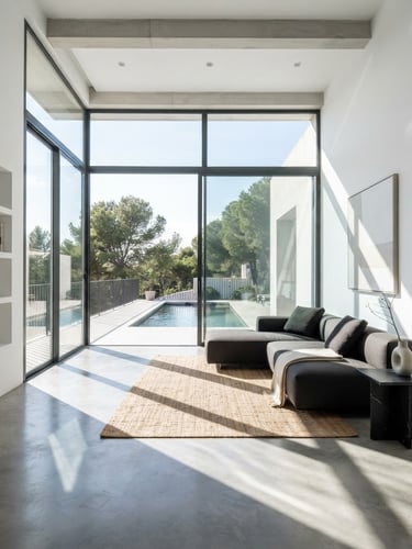 Wide-angle interior architectural shot of a pristine, modern living room with sharp sunlight reflections, white walls, and minimal decor, clean high-contrast tones, professional editorial style.