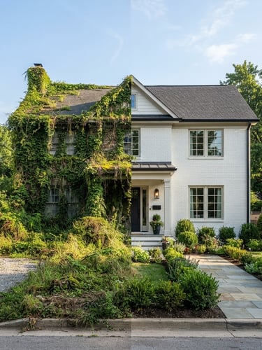 Wide panoramic before-and-after shot of a residential exterior, one side covered in organic growth, the other pristine and clean, crisp morning sun, high contrast, professional editorial style, 24mm lens, soft-wash split visible, property edge defined.