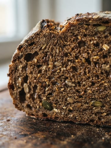 Macro shot of a freshly sliced rustic dark loaf, showing dense crumb texture and raw seeds, soft natural window light, warm earthy tones, 35mm