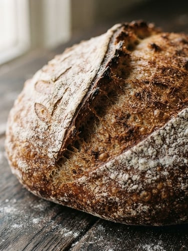Macro shot of a rustic sourdough bread crust with deep scoring, dusted with flour on a dark wooden table, soft natural side-light from a window, warm earthy tones, 35mm