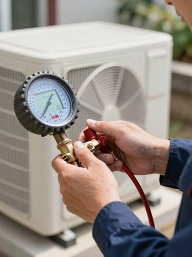 Close-up of a professional technician in a clean navy blue uniform using a digital manifold gauge to measure AC pressure, sharp focus on the digital screen showing precise numbers, bright natural daylight, clean residential AC unit in the background.