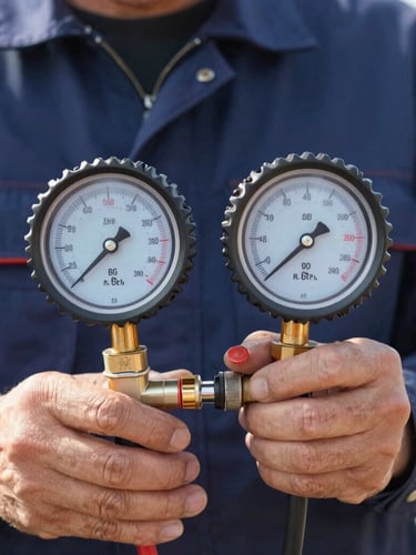 Close-up of a professional technician in a clean navy blue uniform using a digital manifold gauge to measure AC pressure, bright natural daylight, sharp focus on the digital screen showing precise numbers.