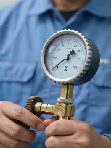 Close-up of technical hands in clean blue uniform using a digital manifold gauge to measure AC pressure precisely, bright daylight