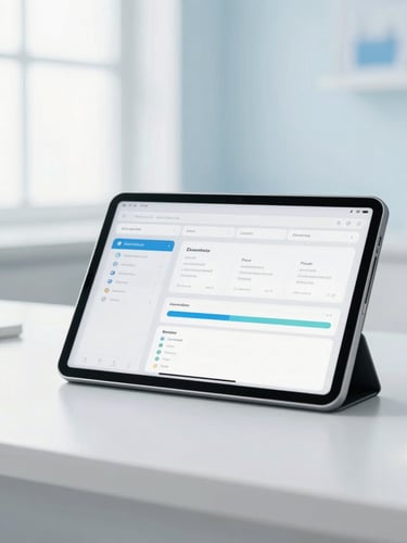 Bright clinical workspace with soft diffused natural daylight, high-key pale blue tones, clean composition, 50mm lens, a modern tablet showing a structured diagnostic interface