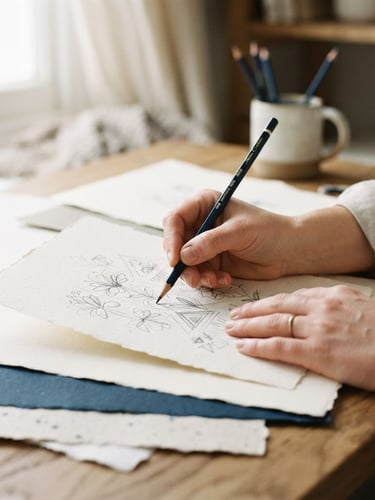 Close-up of hands sketching on high-quality paper samples, soft natural window light, cream and deep navy tones, shallow depth of field, 35mm, editorial framing.