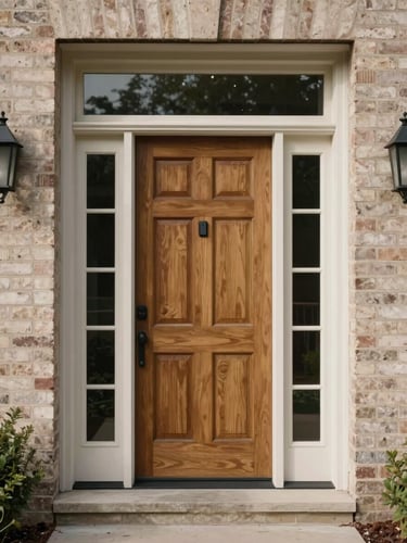 Close architectural detail of a residential front entry — painted wood door, clean brick surround, transom window above, shot straight-on under natural daylight, no people, no staging, neutral tones