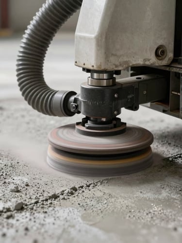 Extreme close-up of a professional floor preparation machine grinding a concrete substrate. Fine dust extraction hose attached, showing the clean, textured profile of the concrete ready for epoxy adhesion.