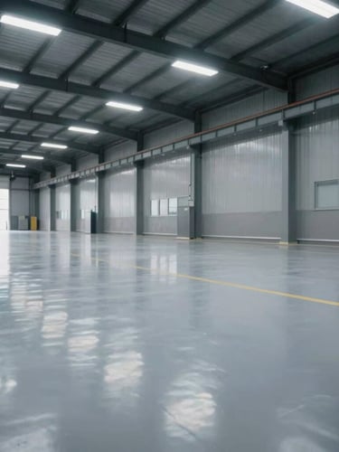 Low-angle wide shot of a modern industrial warehouse with high-gloss gray epoxy flooring reflecting overhead LED lights, clean and dust-free environment.