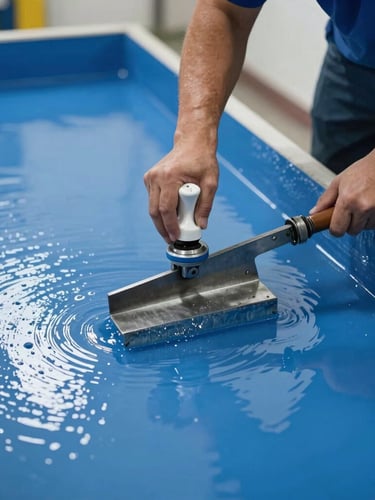 Plano medio de un técnico aplicando resina epóxica autonivelante con llana metálica, reflejo de luces industriales en el piso de alto brillo azul, encuadre cerrado.