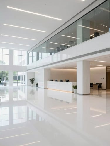 Low-angle wide shot of a modern minimalist corporate lobby with seamless high-gloss white epoxy floor reflecting architectural linear lights, clean aesthetic, sharp reflections, daytime.