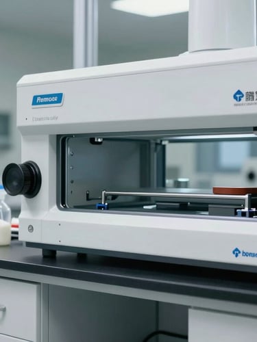 Primer plano técnico de una curva sanitaria monolítica impecable en un laboratorio farmacéutico, iluminación blanca y aséptica de alta precisión.