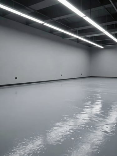 Low-angle wide shot of a pristine, high-gloss gray epoxy floor reflecting architectural LED light panels in a modern industrial facility, clean and dust-free, portrait aspect.