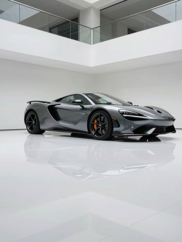 Low angle wide shot of a minimalist residential garage with a flawless, high-gloss white epoxy floor reflecting crisp architectural lighting, a luxury sports car parked, clean and modern aesthetic.