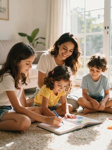 A happy Brazilian family sitting together on a bright living room floor, a mother and her 6-year-old daughter coloring a Bible activity sheet, warm golden hour sunlight streaming through the window, 35mm photography