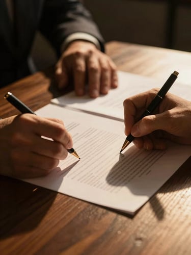 Macro shot of hands signing legal documents on a dark wooden table, warm gold light casting long shadows, professional legal atmosphere
