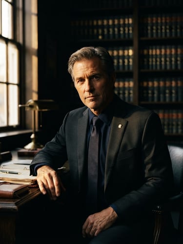 Dramatic low-key editorial portrait of a serious male lawyer in a dark suit, warm golden-hour side lighting, deep charcoal background, 50mm lens