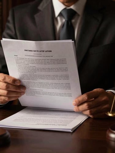Dramatic low-key editorial photography of a professional lawyer in a dark suit reviewing legal files, high-contrast chiaroscuro lighting, warm gold highlights, professional legal atmosphere