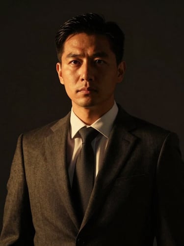 Dramatic low-key portrait of a serious male lawyer in a dark suit, warm gold side lighting, deep charcoal background, professional legal atmosphere