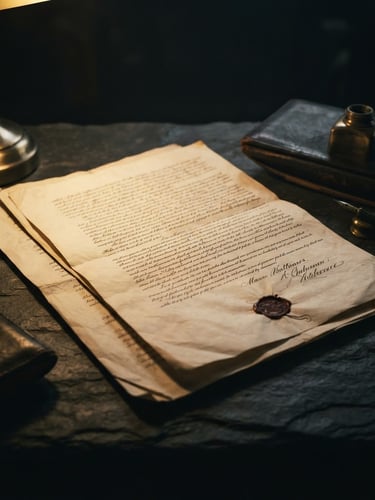 Dramatic low-key editorial photography of a legal document on a dark stone desk, warm gold light casting long shadows across the paper, 50mm lens, professional legal atmosphere.