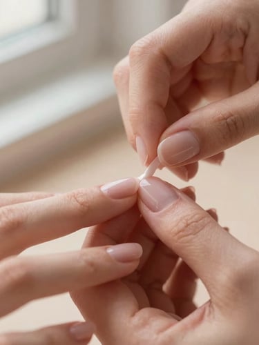 Macro close-up of hands applying delicate gel polish on manicured nails, soft natural light, warm old rose and sand background, shallow depth of field