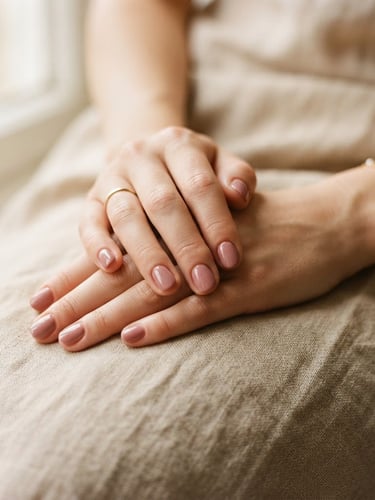 Close-up of elegant manicured hands resting on a soft beige linen cloth, warm natural window light, muted rose tones, shallow depth of field