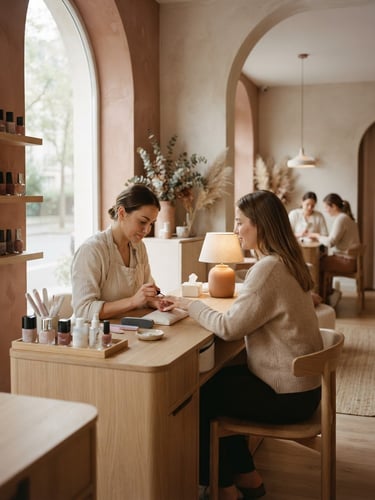 Warm editorial photography of a beautifully lit nail salon interior, soft beige and old rose tones, natural window light, elegant minimalist decor, 35mm