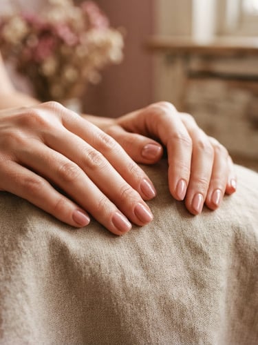 warm editorial photography, soft natural window light, muted rose and beige tones, shallow depth of field, 35mm. Close-up of clean hands with elegant soft pink nails resting on a warm beige linen cloth