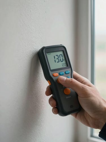 Tight close-up of a digital moisture meter display pressed against a wall surface showing a reading, inspector's hand visible holding the device, daylight from a nearby window casting clean even light, no faces, documentary framing