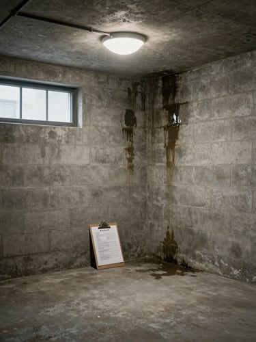 Wide environmental shot of an empty residential basement corner under clinical overhead lighting, visible water staining and efflorescence on concrete block wall, a clipboard with inspection notes resting against the wall, daylight filtering faintly from a small ground-level window