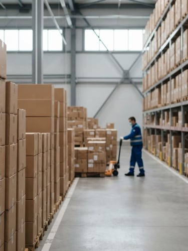 Clean industrial warehouse interior, wide shot, with boxes stacked neatly, soft overcast daylight, sharp focus. A logistics worker in a clean uniform is visible in the background, out of focus. Bleeding to the left edge.