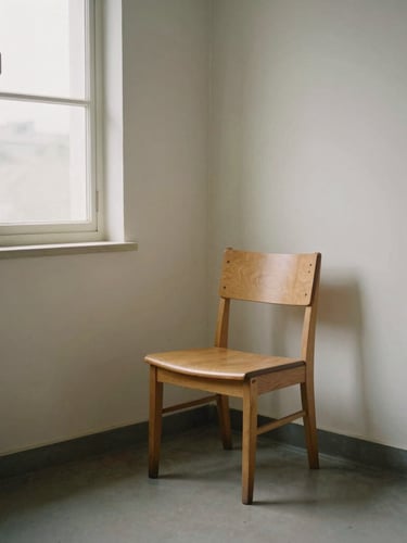 Calm editorial photography of a serene, uncluttered waiting room corner with soft diffused natural daylight filtering through a window, a single wooden chair, muted earth tones, clean composition, 35mm lens, quiet atmosphere.